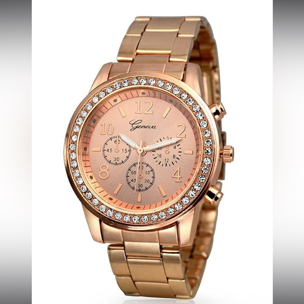 Geneva Rose Gold Plated Classic Round CZ Ladies Watch